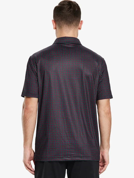 Back half-body view of model in BLACK GRID Performance Quick Dry Print Golf Polo.