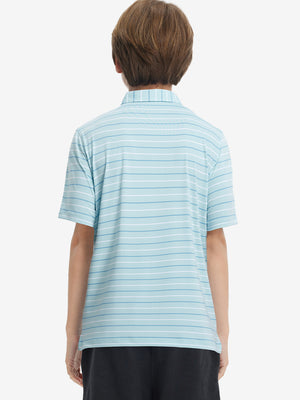 Back upper body of model in trendy boys stripe polo shirts, showing silhouette and iced aqua stripe tone