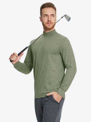 Back angle of Men’s Mock Turtleneck Shirt in Olive Green Heather, model turns head slightly with ease.