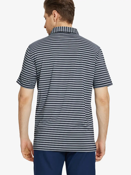 Back half-body view of the Navy Grey Yarn Dyed Stripe Polo – showing fit and silhouette