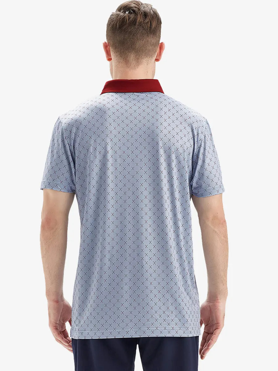 Model shows off the grey and burgundy combo polo from the back, highlighting its refined tailoring and stylish look