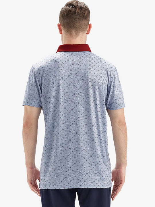Model shows off the grey and burgundy combo polo from the back, highlighting its refined tailoring and stylish look