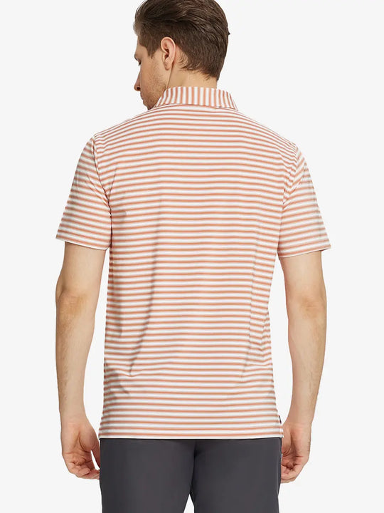 Back half-body view of Orange Dark Blue Yarn Dyed Stripe Polo