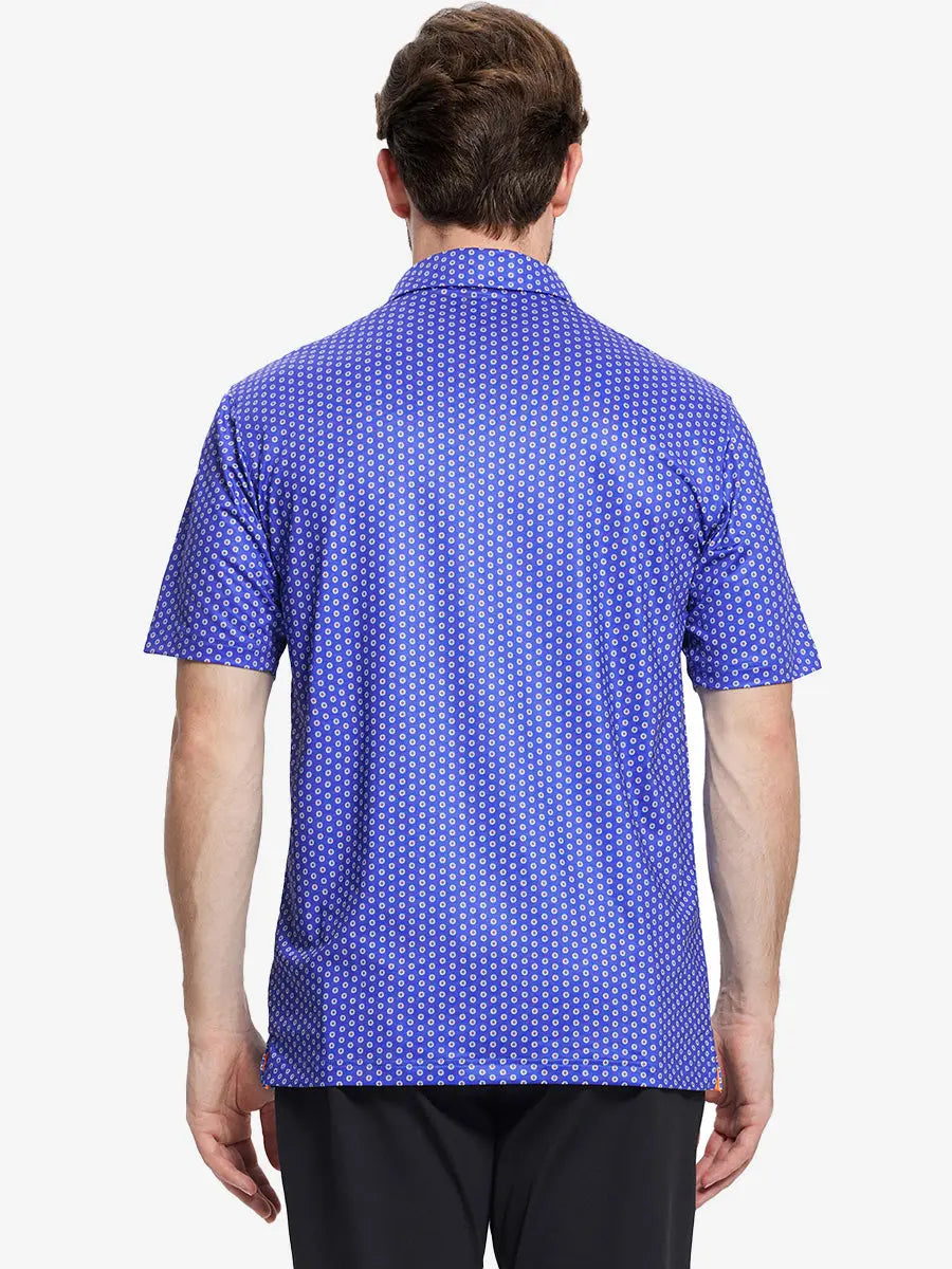 Back half-body view of model in BLUE DAISY Performance Quick Dry Print Golf Polo.
