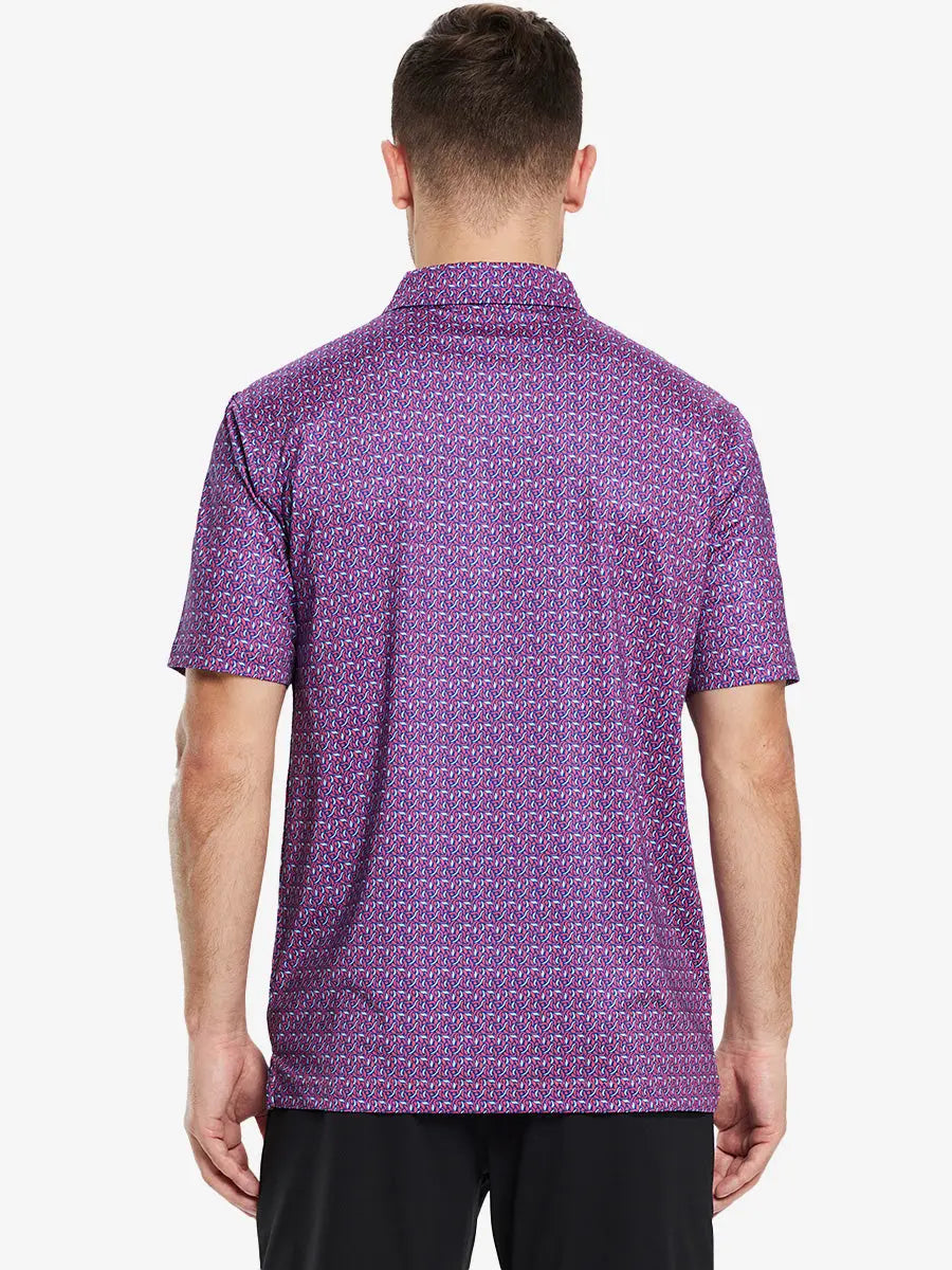 Back view of the model wearing the magenta geometric pattern polo, showcasing modern design and vibrant energy.