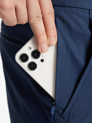 Close-up pocket detail with iPhone – Navy 7 Inch shorts by MAELREG