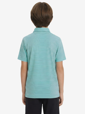Back upper body view of youth performance golf polos, showing shape and smooth turquoise/navy stripe finish