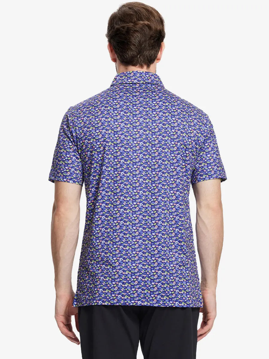 The half-body view on the back showcases the navy blue floral print model polo shirt, displaying an elegant design and exquisite workmanship, suitable for golf course wear.