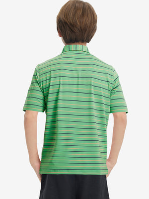 Back upper body of model in trendy boys stripe polo shirts, showing silhouette and green stripe tone