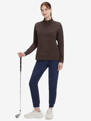 Women's Water-Resistant Stretch Fleece Lined Jacket in coffee brown, model holding golf club 