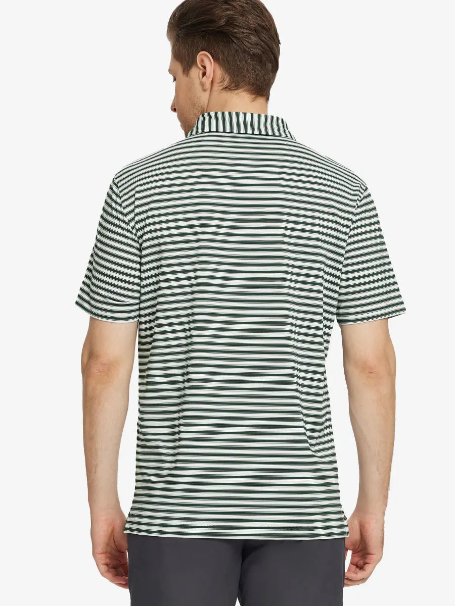 Back half-body view of the Olive Green White Yarn Dyed Stripe Polo – relaxed, athletic fit