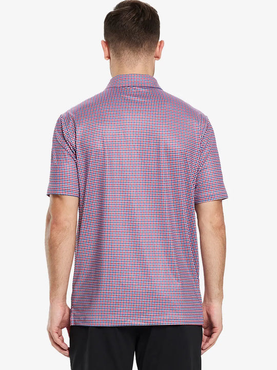 From the back, the model shows the back design of the RED BLUE GINGHAM Polo shirt, clearly showing the shape and cut of the garment
