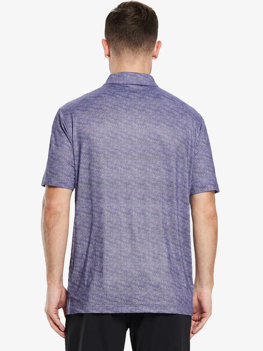 From the back, the model shows the back design of the PURPLE MAZE Polo shirt, clearly showing the shape and cut of the garment