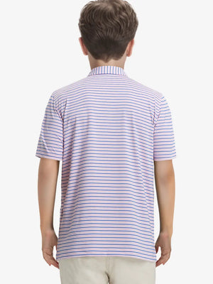 Back half-body view of model wearing LIGHT PINK/COBALT STRIPE Youth Performance Golf Polo.