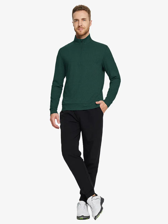 Full-body front view on model wearing TURQUOISE HEATHER Quarter Zip Melange Pullover, casual sporty look.