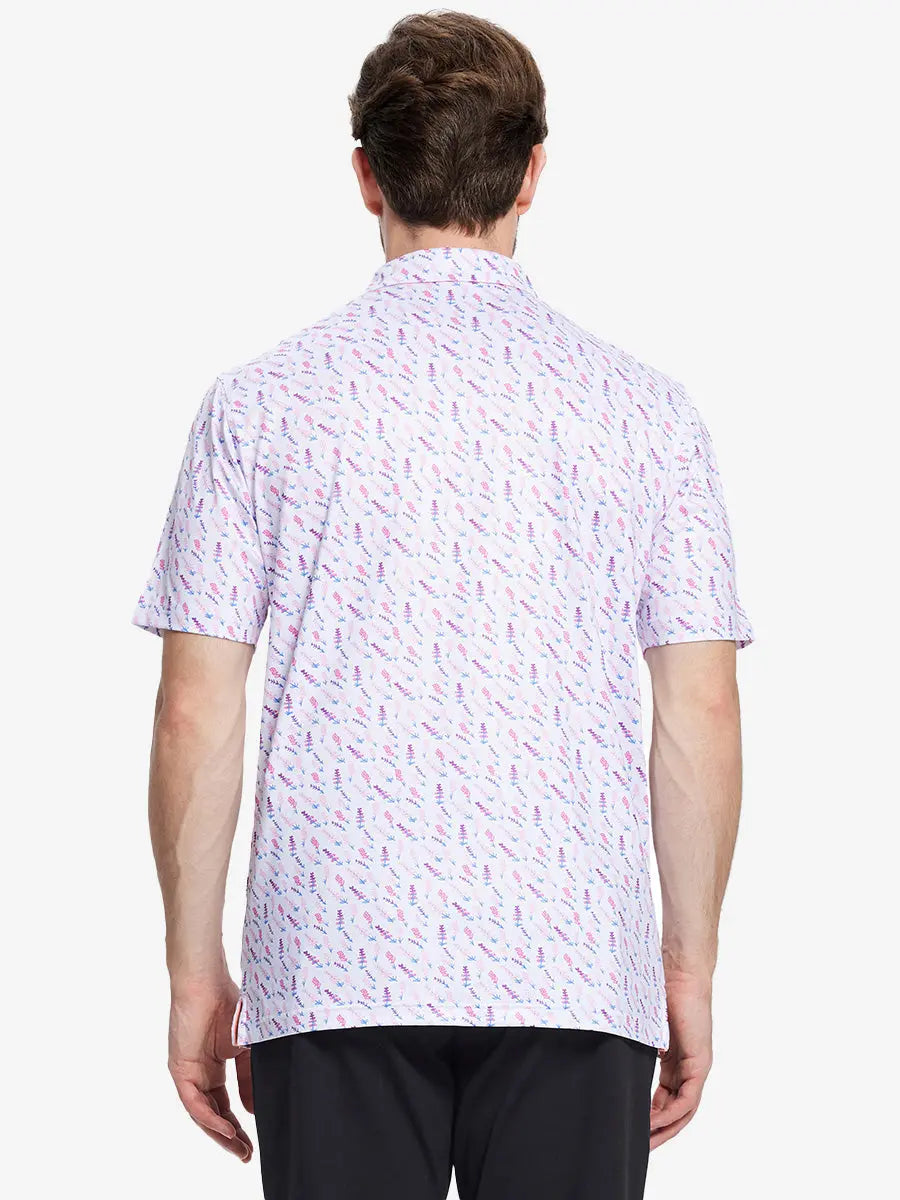 From the back, the model shows the back design of the WHITE MULBERRY LAVENDER  Polo shirt, clearly showing the shape and cut of the garment