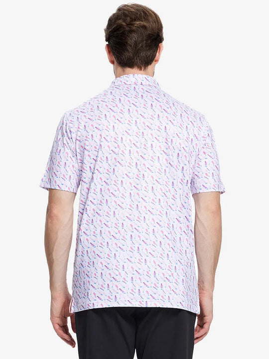 From the back, the model shows the back design of the WHITE MULBERRY LAVENDER  Polo shirt, clearly showing the shape and cut of the garment
