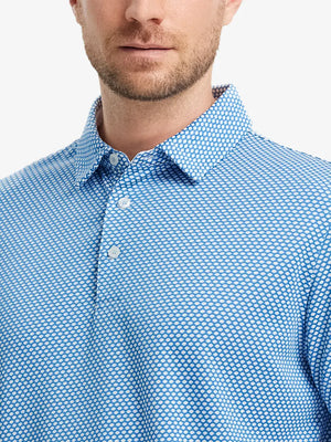 BLUE WHITE Your Favorite Jacquard Polo front view from nose to chest of model