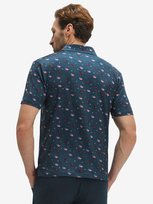 Back half-body view of model wearing the american flag eagle 4 way stretch print collared polo shirt, highlighting the rear silhouette