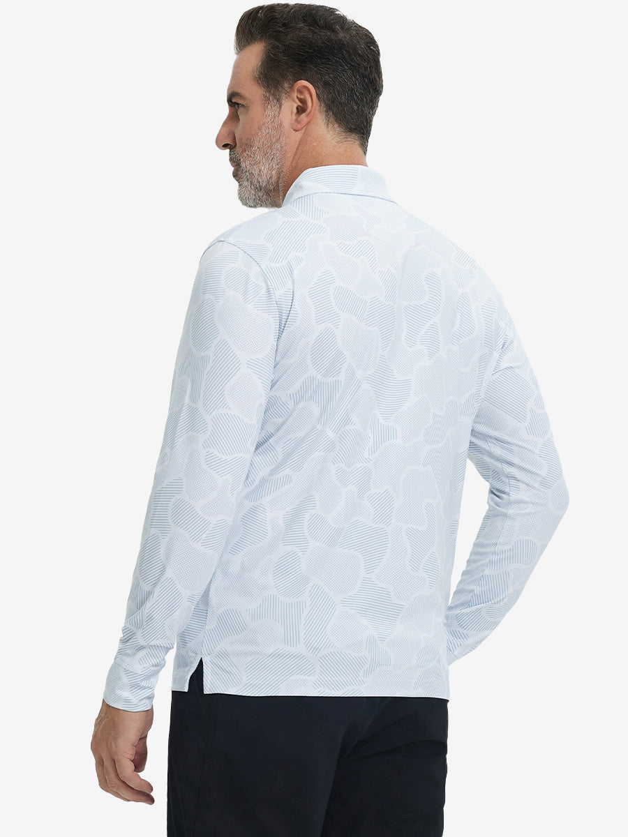 Back upper body view of the lightweight print polo in light gray irregular pattern, model turns slightly with relaxed pose.