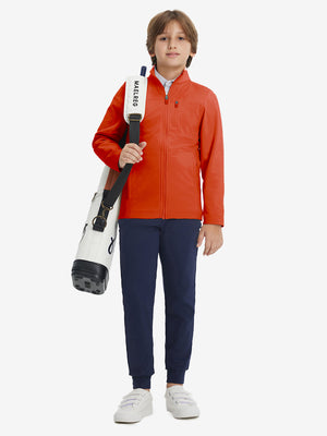 Full-body view of model wearing kids soft lightweight fleece lined jacket in orange, displaying the jacket's fit and design.