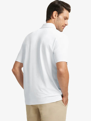 Back half-body view of model in WHITE Stylish Chest Print Snap Polo