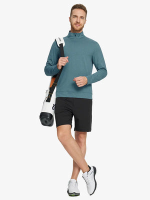 Full-body front view of model wearing AQUA HEATHER Quarter Zip Melange Pullover with backpack, sporty casual look.