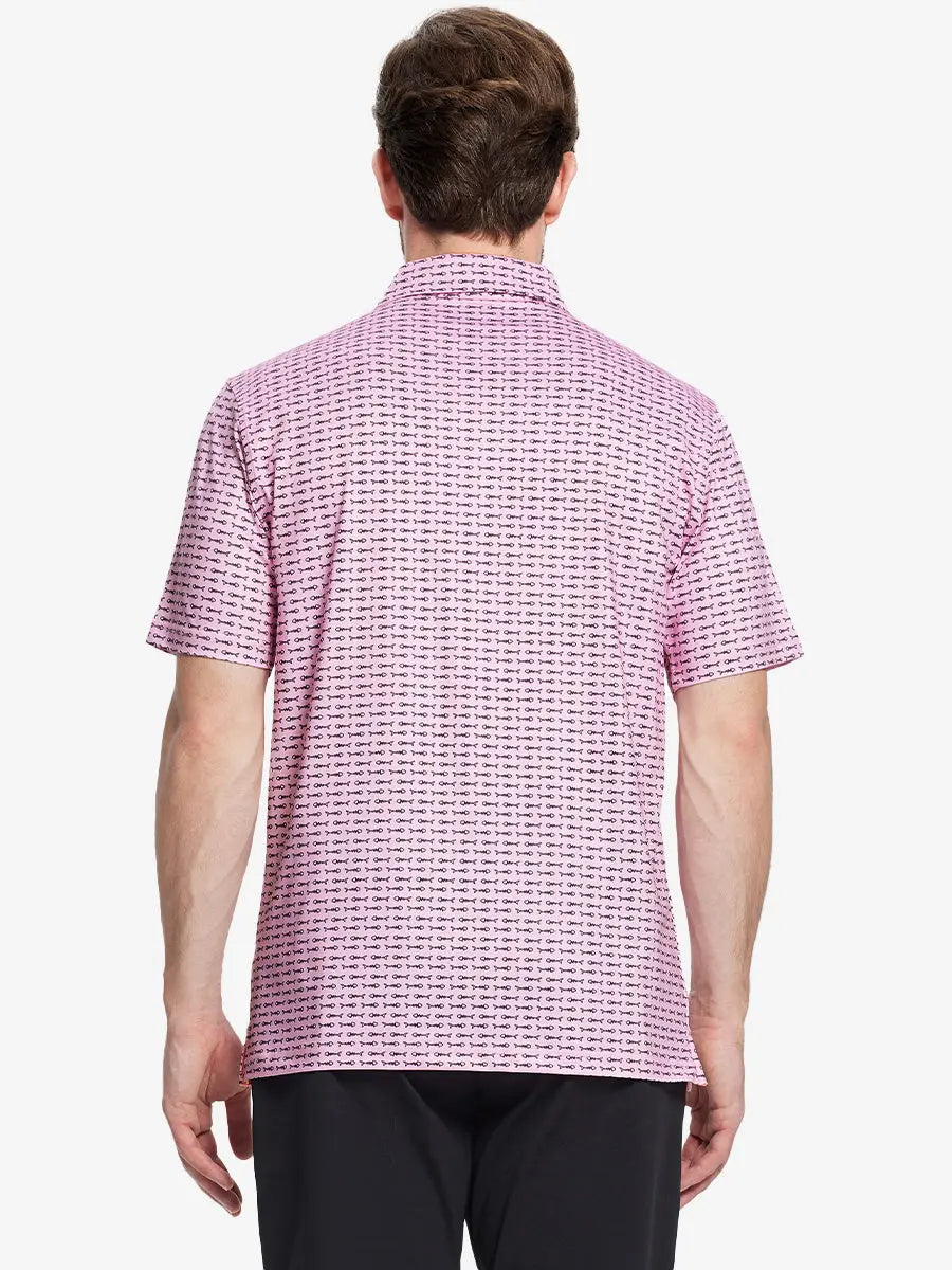 From the back, the model shows the back design of the PINK BLACK BONEFISH Polo shirt, clearly showing the shape and cut of the garment