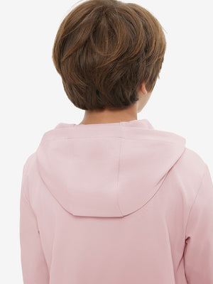 Back upper view of youth long sleeve hoodied with kangaroo pocket in light pink, showing fit and shoulders.
