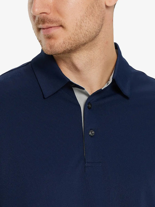 Model front close-up from nose to chest wearing NAVY Ventilated Pique Performance Polo
