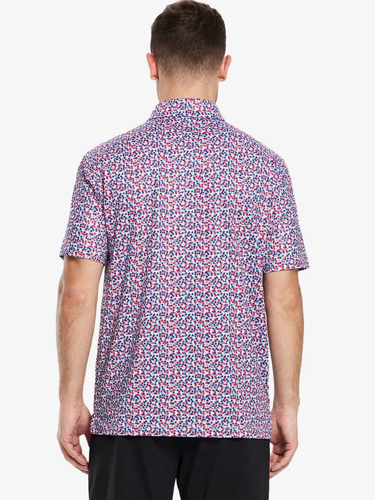 From the back, the model shows the back design of the WHITE PATRIOTIC STAR Polo shirt, clearly showing the shape and cut of the garment.
