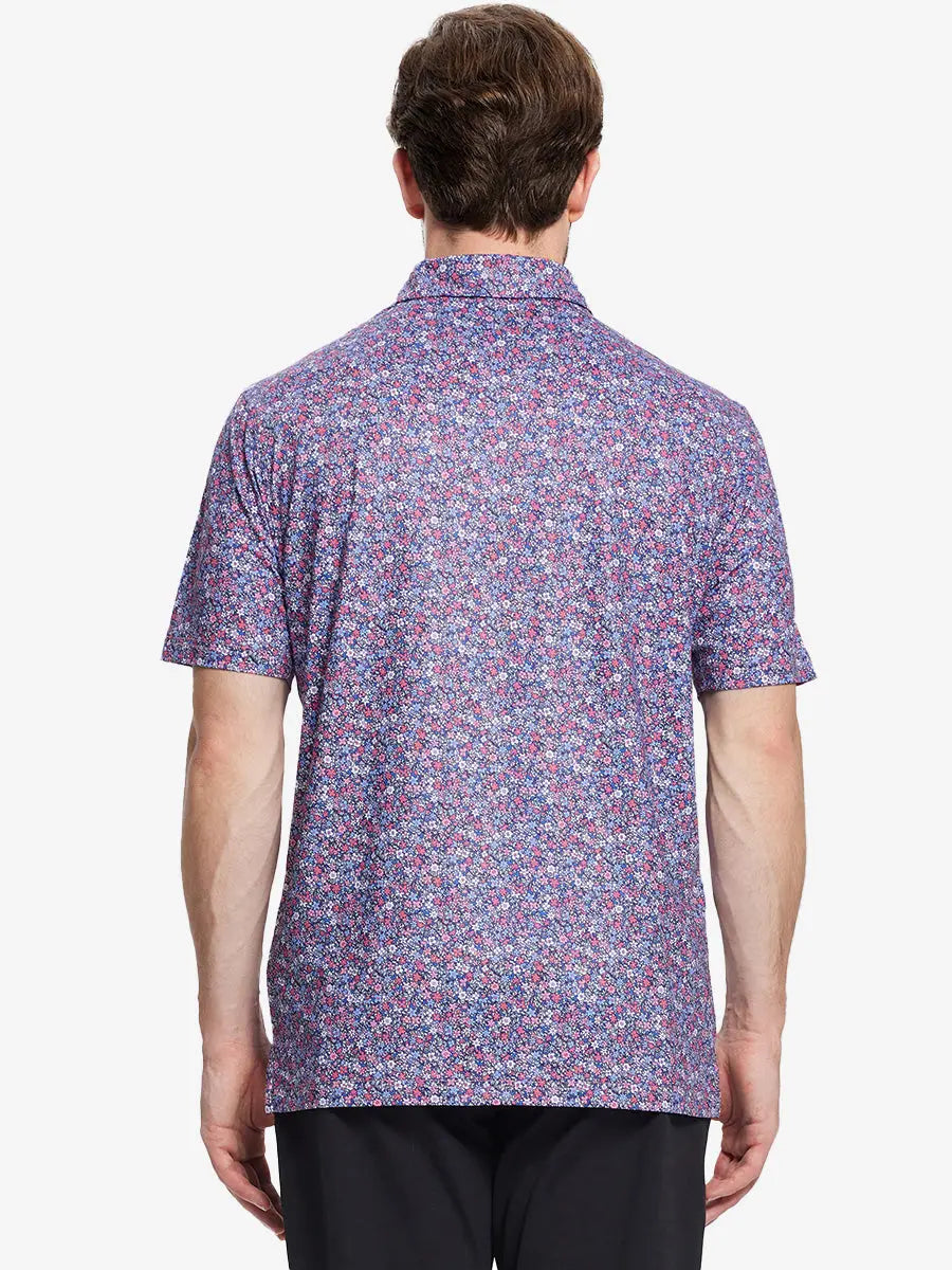 Back view of the model wearing the colorful floral pattern polo, highlighting vibrant colors and stylish design