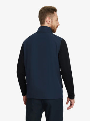 Back view of the navy windproof golf vest, highlighting its clean design and practical features.