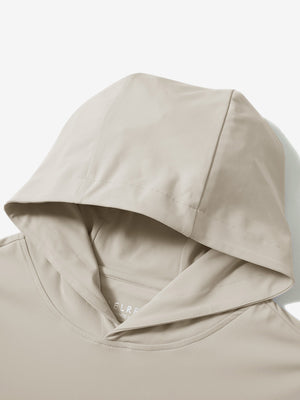 Hood detail of the khaki light dry fit stretchy sweatshirts hoodie, showing smooth fabric and neat seams.