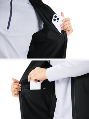 Close-up detail showing phone in the pocket of sleeveless softshell fleece outdoor vests with 6 pockets in black