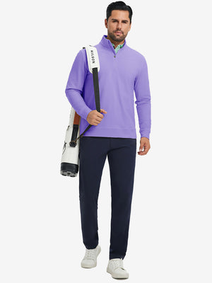 Ultra-Soft Brushed Fleece Lining Quarter Zip Sweatshirt in lavender, model carrying tennis bag