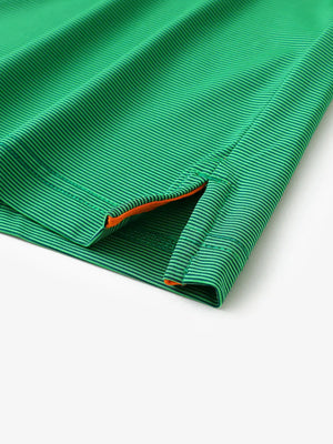 Hem slit detail of GREEN STRIPE Pinstripe Jersey Performance Polo								
