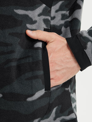 Hand in pocket detail of the Black Camo Quarter Zip Polar Fleece Sweatshirt, soft fleece fabric.