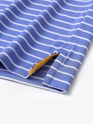 Close-up of side slit hem on BLUISH BLUE/WHITE STRIPE Polo — clean craftsmanship