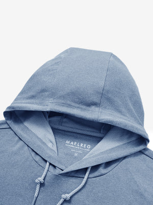 Hood detail of the classic heather pullover hoodie in colony blue melange, showcasing fabric and stitching.