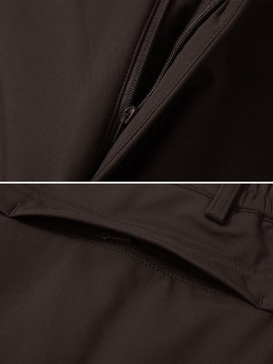 Zipper detail shot of coffee brown thermal water repellent fleece dress pants