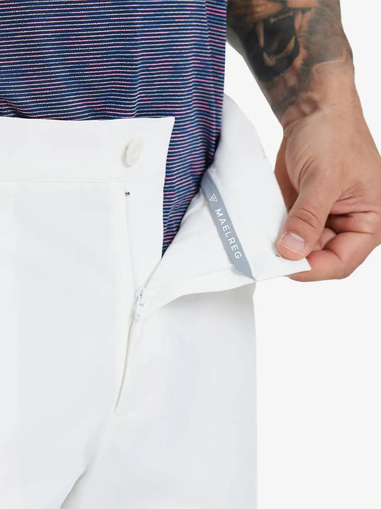 Close-up of waistband button and interior logo on WHITE Water Resistant Versatile 8 Pockets Shorts.