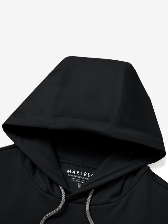 Detailed shot of hoodie and collar connection on casual solid fleece hoodies pullover in black