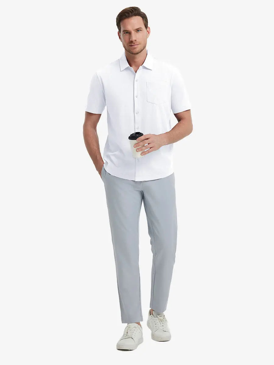 Full-body view of model holding takeaway drink cup in WHITE Cotton Blend Plain Shirt.