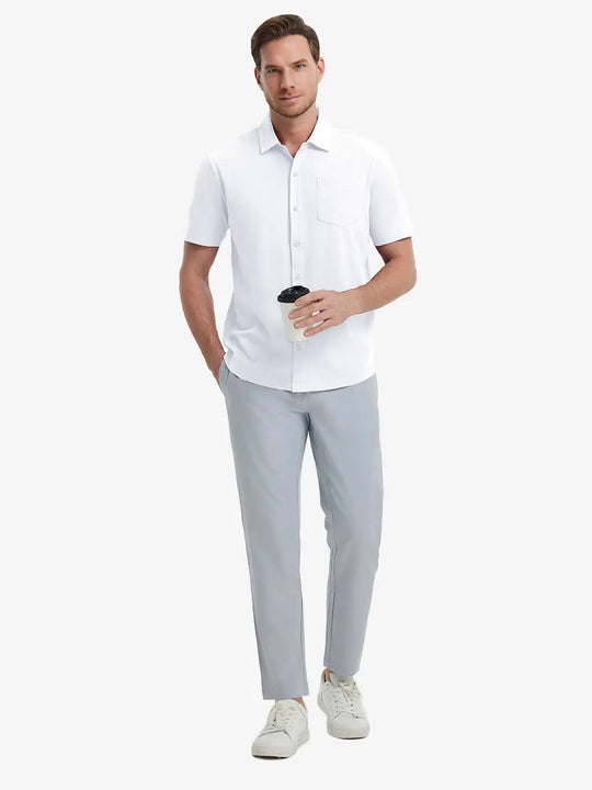 Full-body view of model holding takeaway drink cup in WHITE Cotton Blend Plain Shirt.