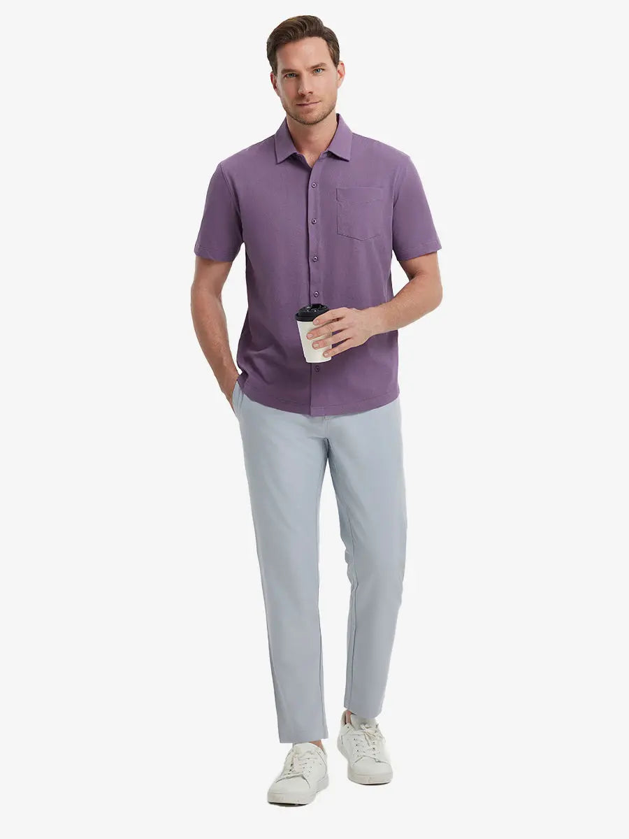 Full-body view of model holding takeaway drink cup in PURPLE Cotton Blend Plain Shirt.