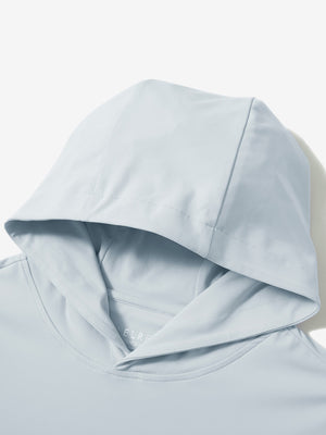 Hood detail of the misty grey dry fit stretchy sweatshirts hoodie, showing smooth fabric and neat seams.