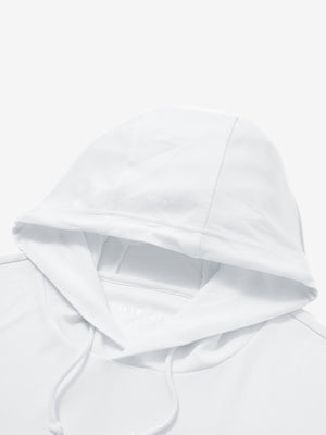 Hood detail of the classic heather pullover hoodie in white, showcasing fabric and stitching.