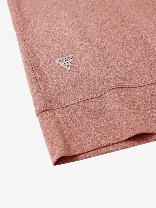 Hem detail of quarter zip melange pullover brick melange with small maelreg logo.