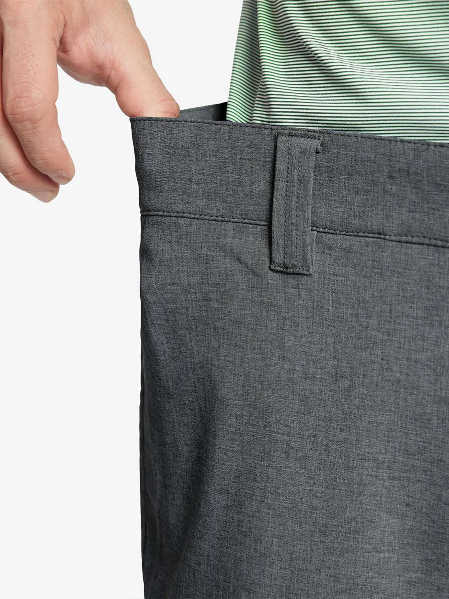 DARK GREY 9 Inch Heather Performance Golf Shorts close-up of waistband being stretched to show elasticity